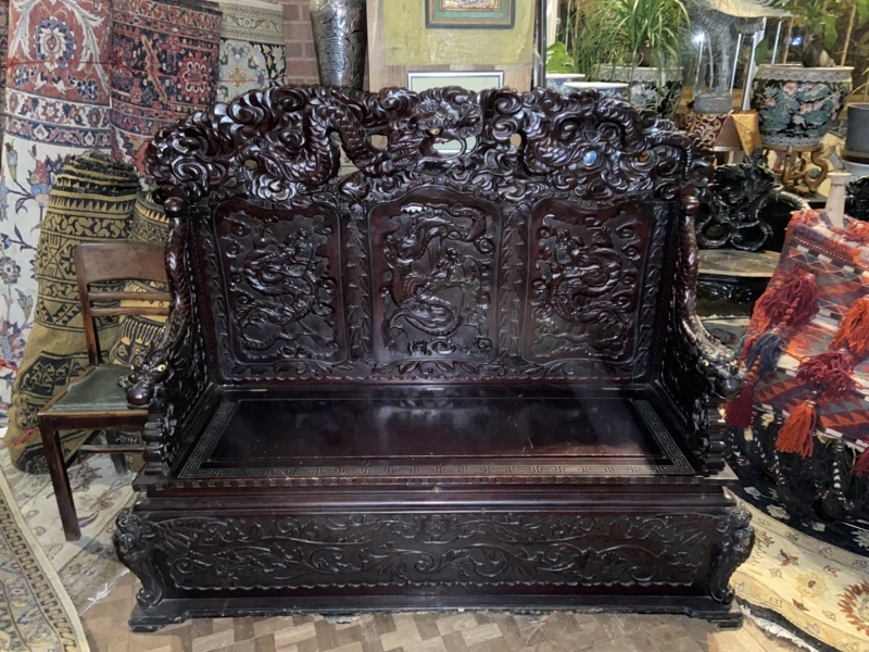 Large Chinese finely carved wooden Dragon bench with storage PTXY