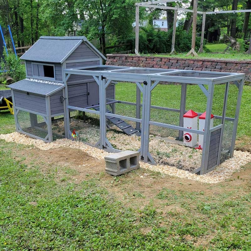 Large Grey Chicken Coop with Long Integrated Run and Multi-Level Design