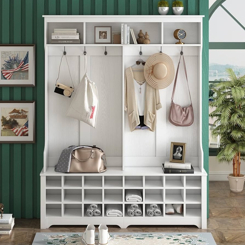 Large Hall Tree with 24 Shoe Cubbies and Vertical Plank Backing