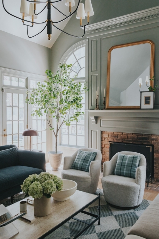 Large Scale Faux Tree Airy Structure Sage Green Living Room