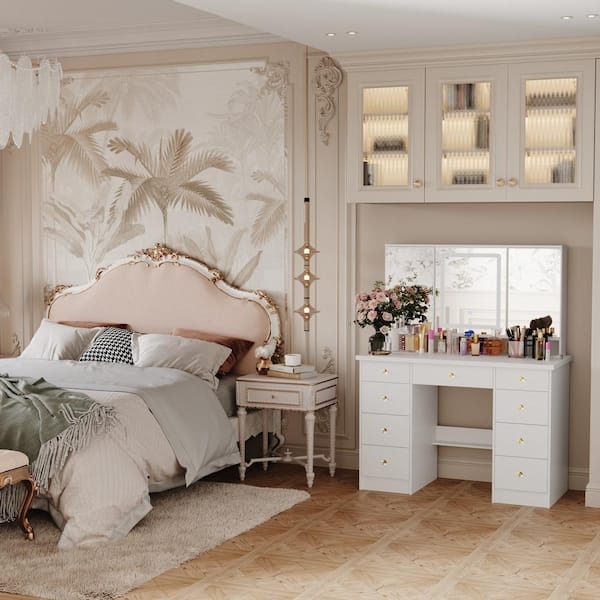 Large Vanity Desk White 9 Drawers Triple LED Mirror