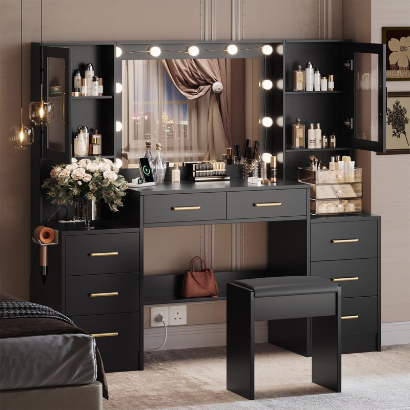 Large Vanity Set with Glass Cabinets, Hollywood Mirror & Charging