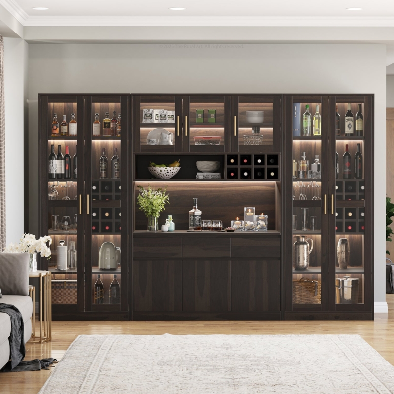 Large Wall Bar Cabinet with LED Lit Shelves & Glass Doors