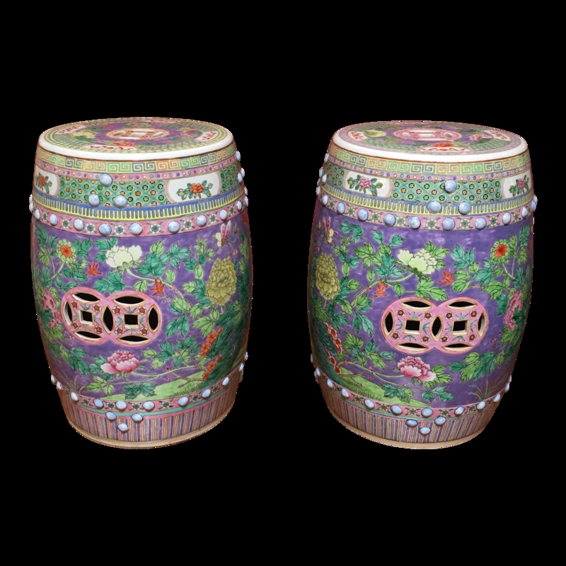 Lavender Chinoiserie Garden Stools with Pierced Double Coin