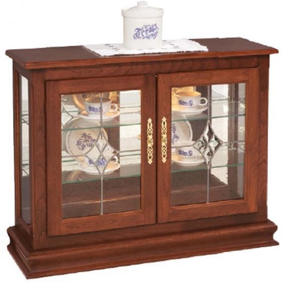 Leaded Glass Curio Console with Diamond Motif and Ornate Pulls