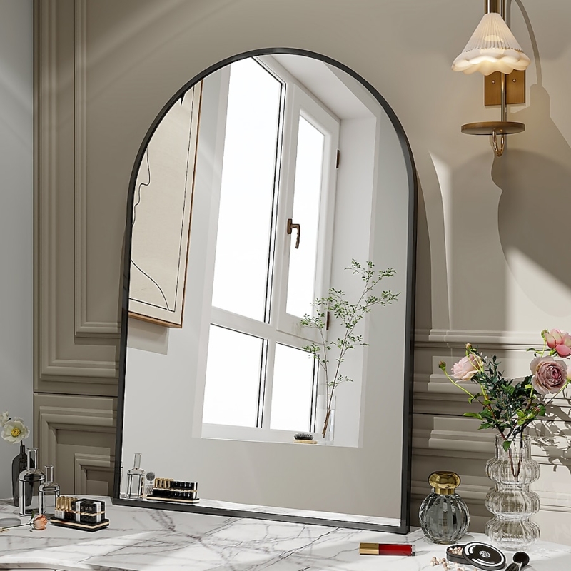 Leaning Arched Wall Mirror with Thin Frame for Vanity or Mantel