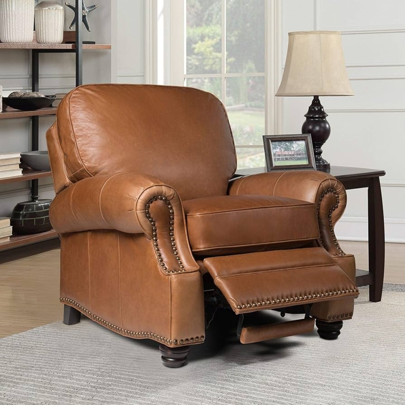 Leather Recliner Saddle Brown with Rolled Arms & Espresso Wood Legs