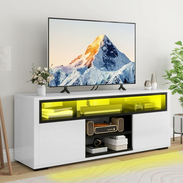 LED Ambient Light Media Console: High Gloss Finish, Open Shelf Storage.