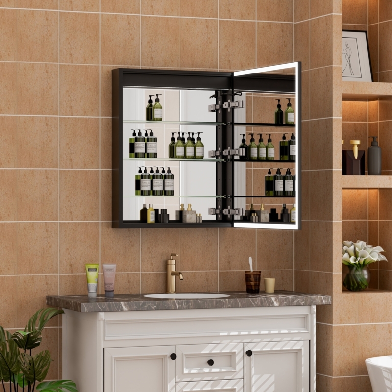 LED Medicine Cabinet Matte Black Frame Integrated Lighting