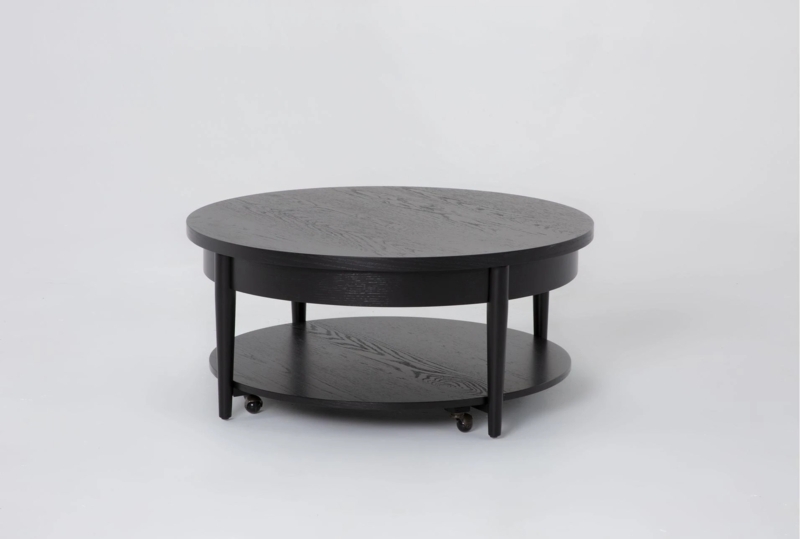 Lift-Top Coffee Table Round with Hidden Casters and Wood Grained Bottom Shelf