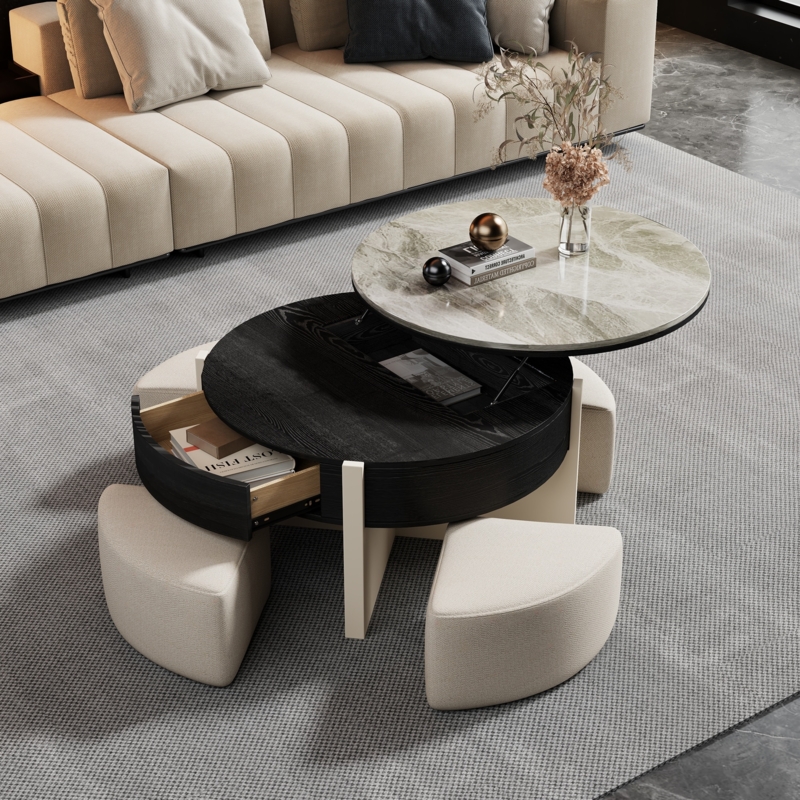 Lift Top Coffee Table Round with Nesting Ottomans and Marble Top