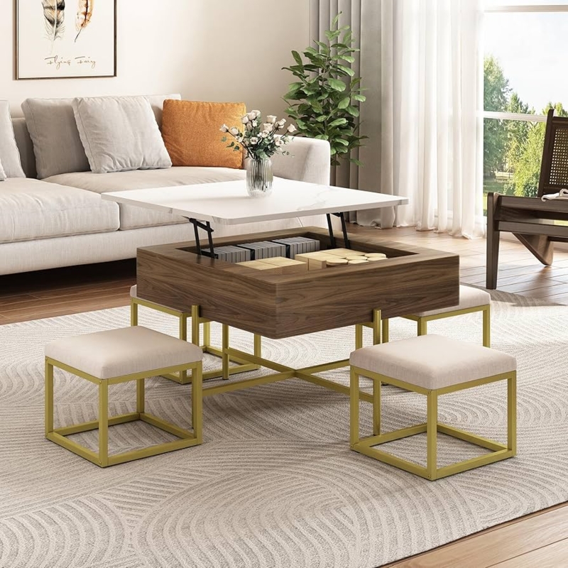 Lift-Top Coffee Table Set in Walnut and Gold Finish with Nested Stools