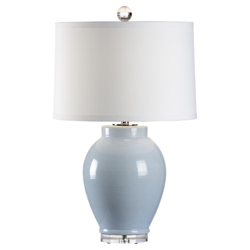 Light Blue Jar Table Lamp, Crackle Glaze, Clear Plinth