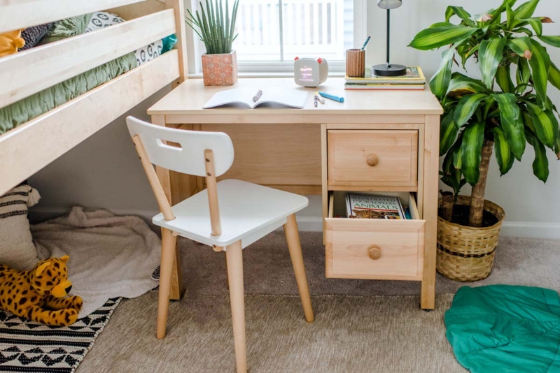 Light Natural Wood Kids Desk Loft Bed Nook Two Drawers Setup