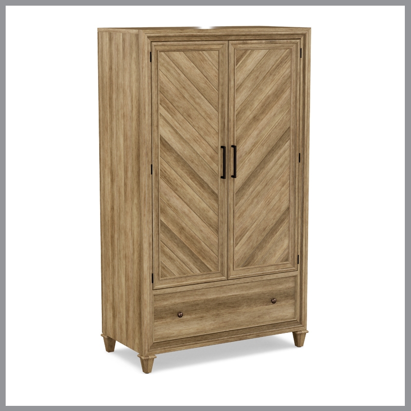 Light Oak Armoire Cabinet featuring Chevron Pattern Doors and Bottom Drawer.