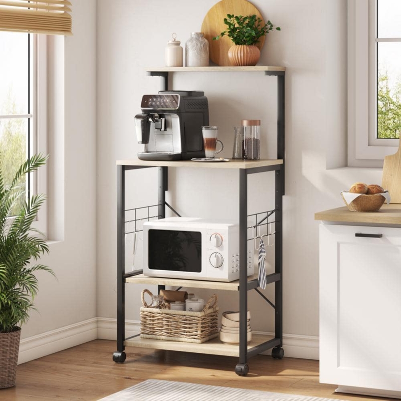 Light Oak Bakers Rack with Mobile Casters, Industrial Kitchen Cart