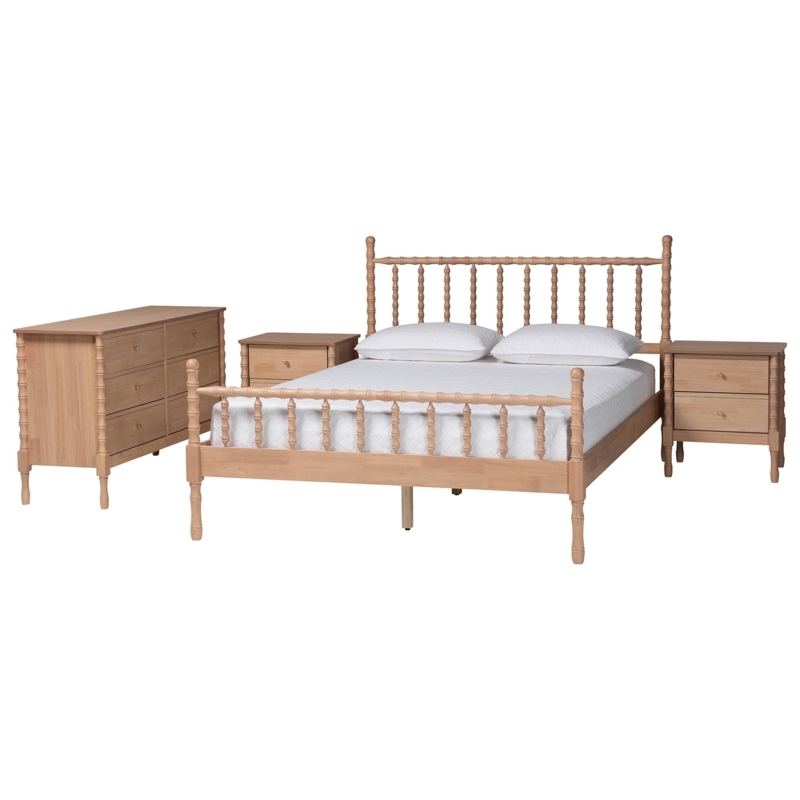 Light Oak Bedroom Set with Spindle Headboard and Boho Chic Style
