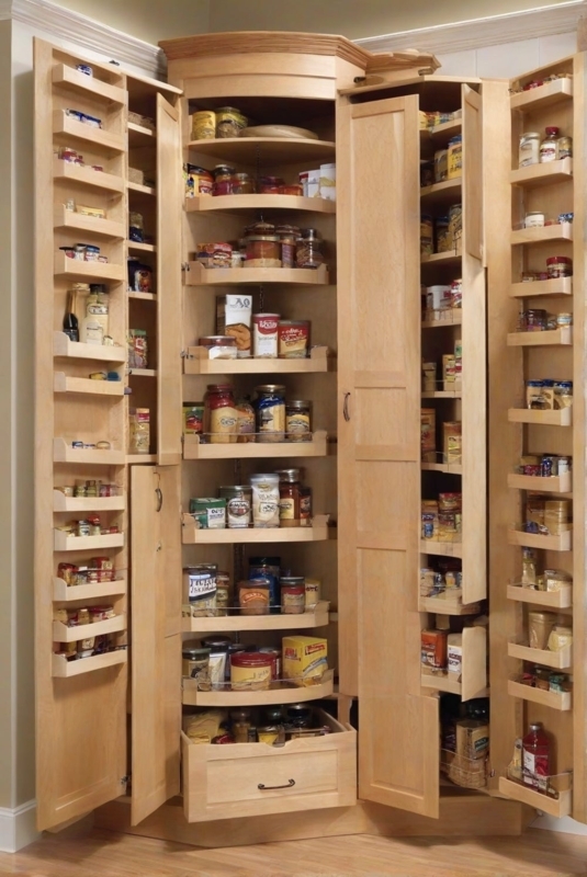 Light Wood Corner Kitchen Pantry with Rotating Shelves