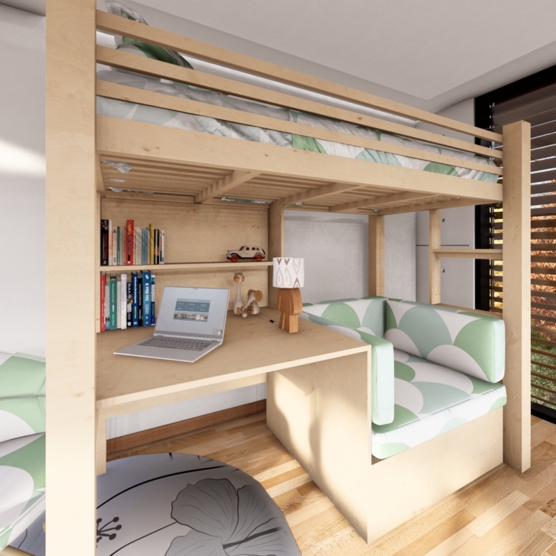 Light Wood Loft Bed with Integrated Desk and Cushioned Seating Nook