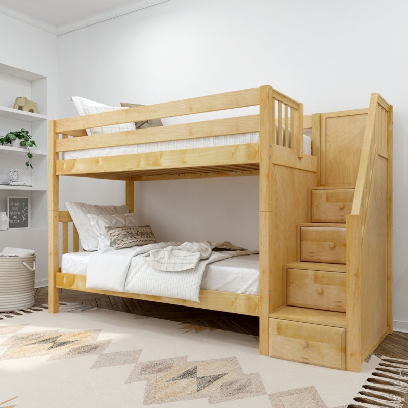 Light Wood Twin over Twin Bunk Bed with Stair Drawers