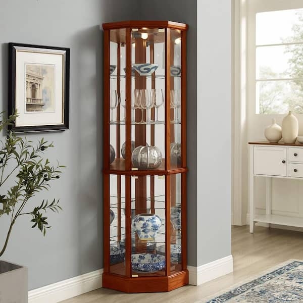 Lighted Corner Curio Cabinet with Octagonal Front and Bracket Base