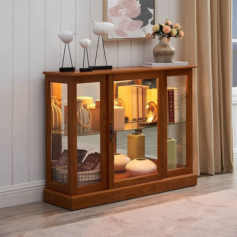 Lighted Glass Curio Cabinet in Honey Oak with Antique Hardware