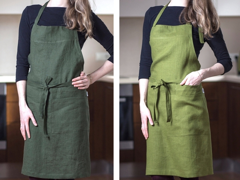Linen Bib Apron, Deep Pockets, Adjustable Ties, Full Length Design