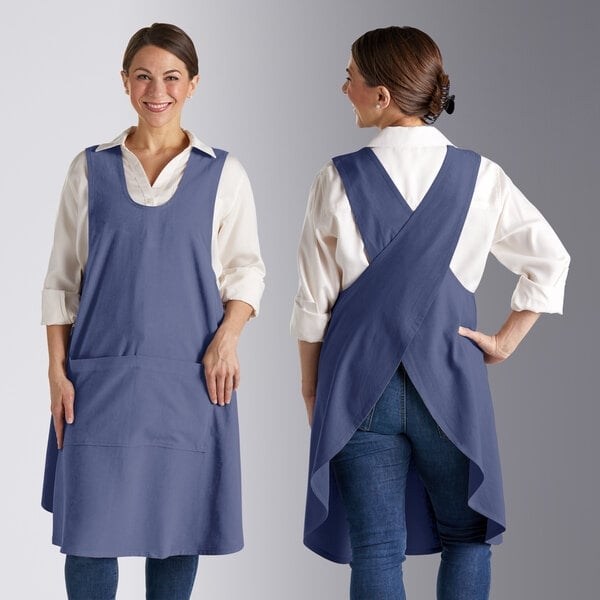 Linen Cross-Back Apron, Two Front Pockets, Ocean Blue Smock Style