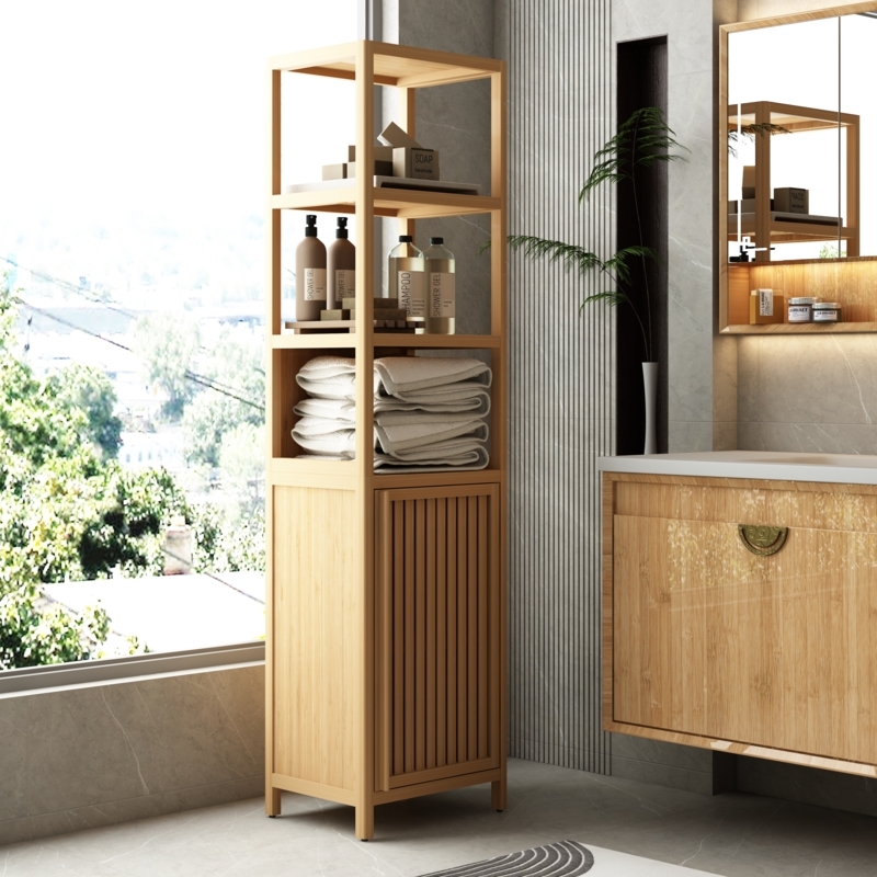Linen Tower Elevated Legs Warm Honey Slatted Door Bamboo Storage