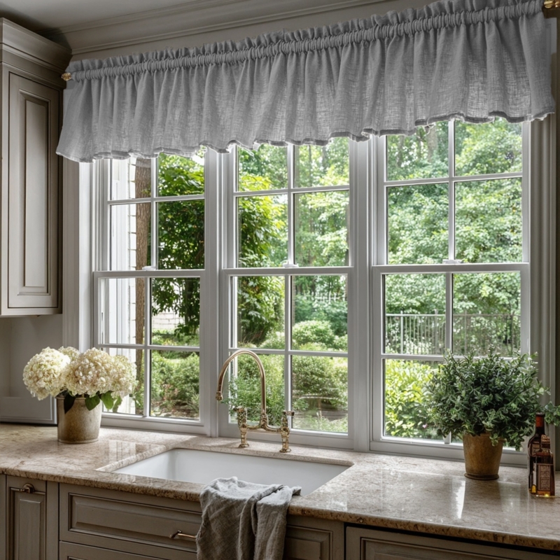 Linen Valance, Stone Grey with Ruffled Header and Rod Pocket