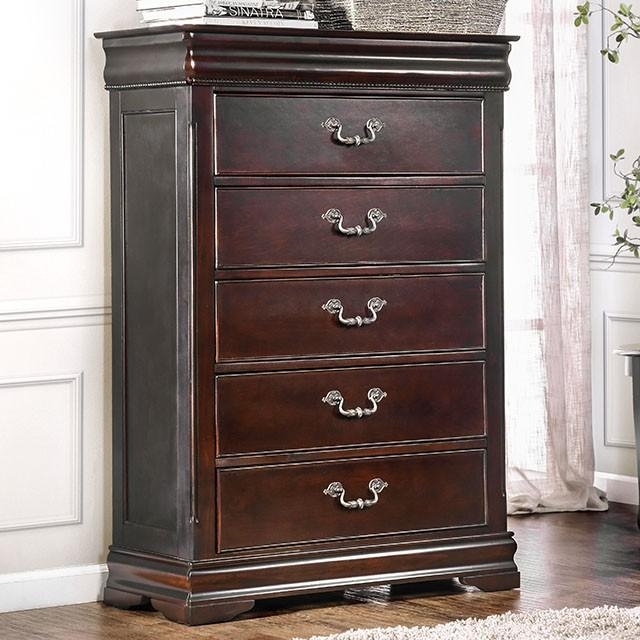 Lingerie Chest in Dark Cherry with Bead Molding and Ornate Silver Hardware