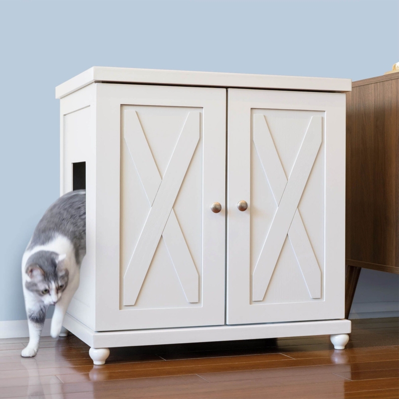 Litter Box Cabinet Off-White X-Panel Doors Bun Feet Farmhouse Style