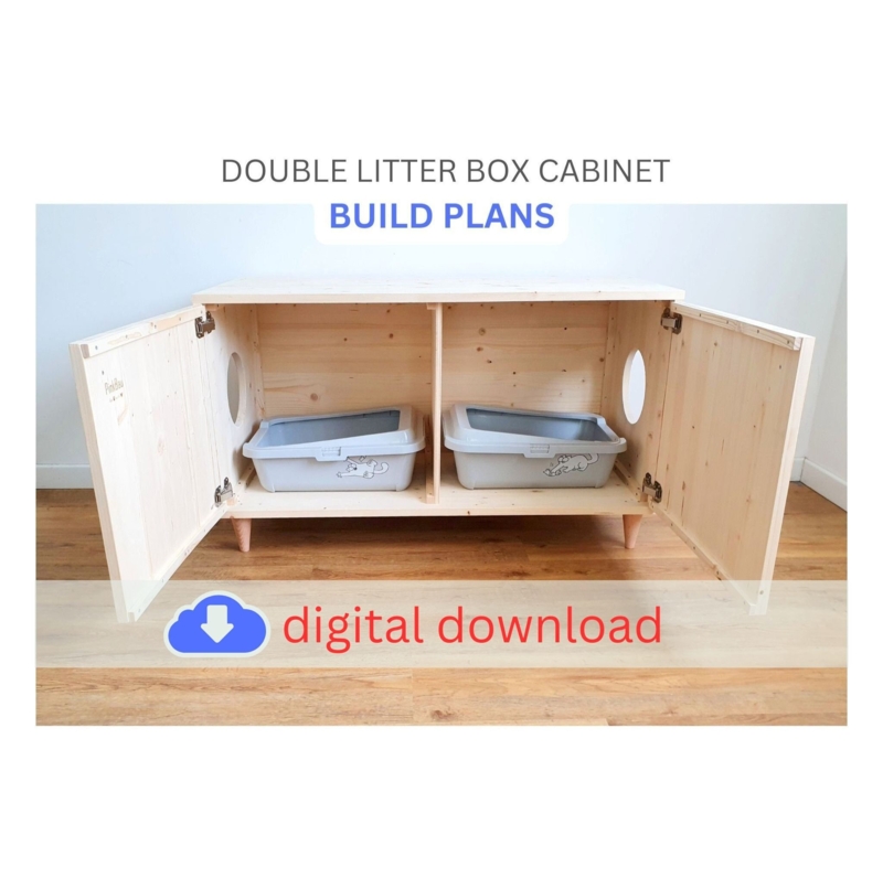 Litter Box Cabinet, Tapered Wooden Legs, Double Compartment, DIY Plans