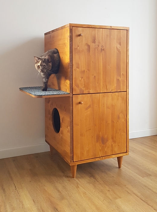 Litter Box Cabinet Two-Tier Honey Wood Landing Platform Mid-Century
