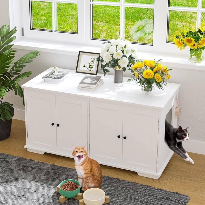 Litter Box Enclosure Bench, White, Dual Capacity, Modern Washroom