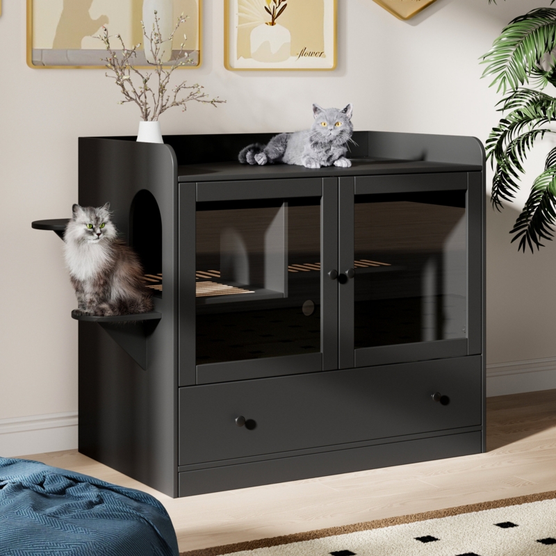 Litter Box Enclosure Black Glass Doors Gallery Top Side Perch Modern