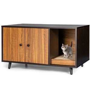 Litter Box Enclosure Coffee Walnut Dual Tone Tapered Legs Mid-Century