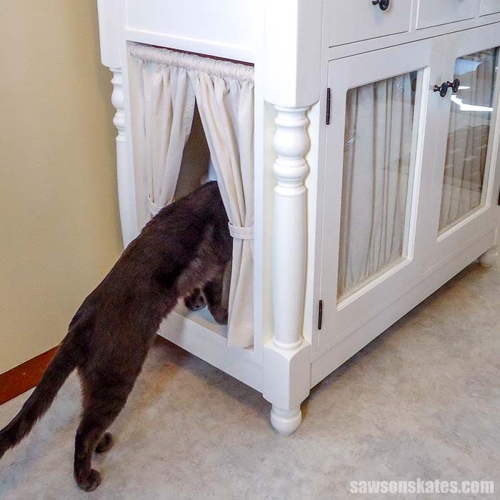 Litter Box Enclosure Curtained Entry Glass Doors Turned Legs Farmhouse