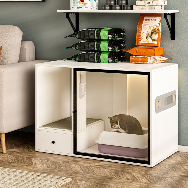 Litter Box Enclosure Glass Door Internal LED Lighting White Modern