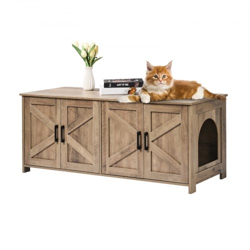 Litter Box Enclosure Greige Barn Door Motif Dual Compartment Rustic Style