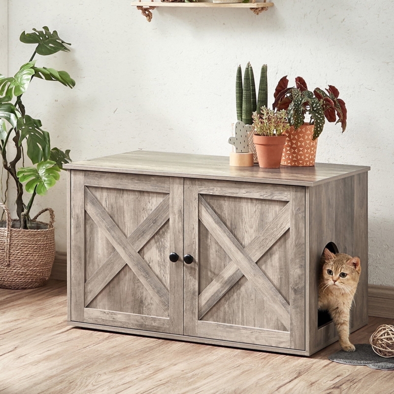 Litter Box Enclosure, Greige X-Frame Panels, Large Farmhouse Cabinet