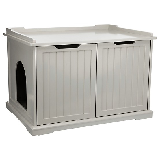 Litter Box Enclosure, Grey Beadboard Doors, Gallery Rail Top
