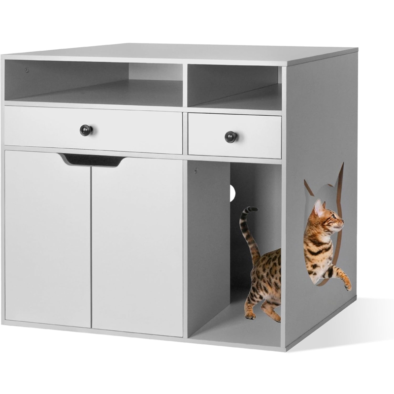 Litter Box Enclosure Grey Cat-Head Cutout Storage Drawers Modern Console
