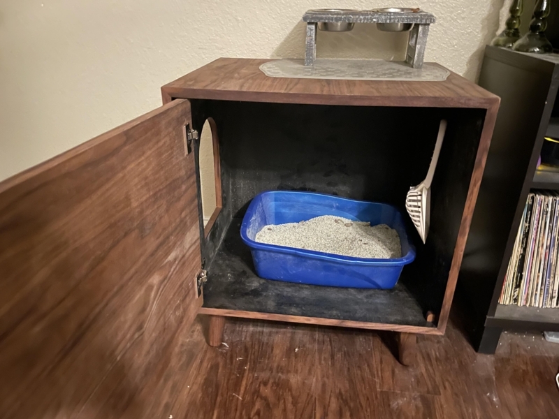 Litter Box Enclosure Integrated Pet Feeder Walnut Tapered Legs Mid-Century