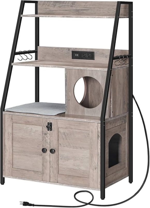 Litter Box Enclosure, Ladder Frame Shelf, Charging Station, Greige