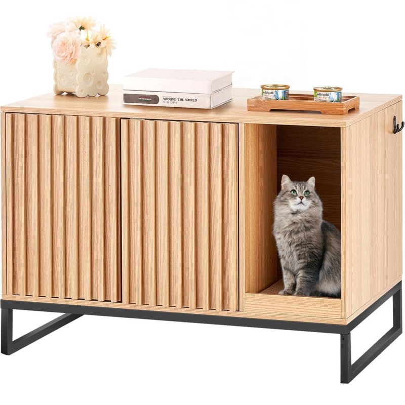 Litter Box Enclosure Light Oak Reeded Doors Sled Base Modern Cat Washroom