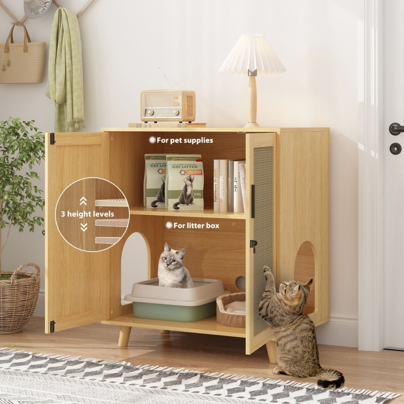 Litter Box Enclosure Light Oak Sisal Scratching Door Adjustable Shelf