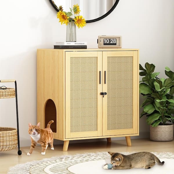 Litter Box Enclosure Light Oak Woven Sisal Doors Arched Entry Mid-Century