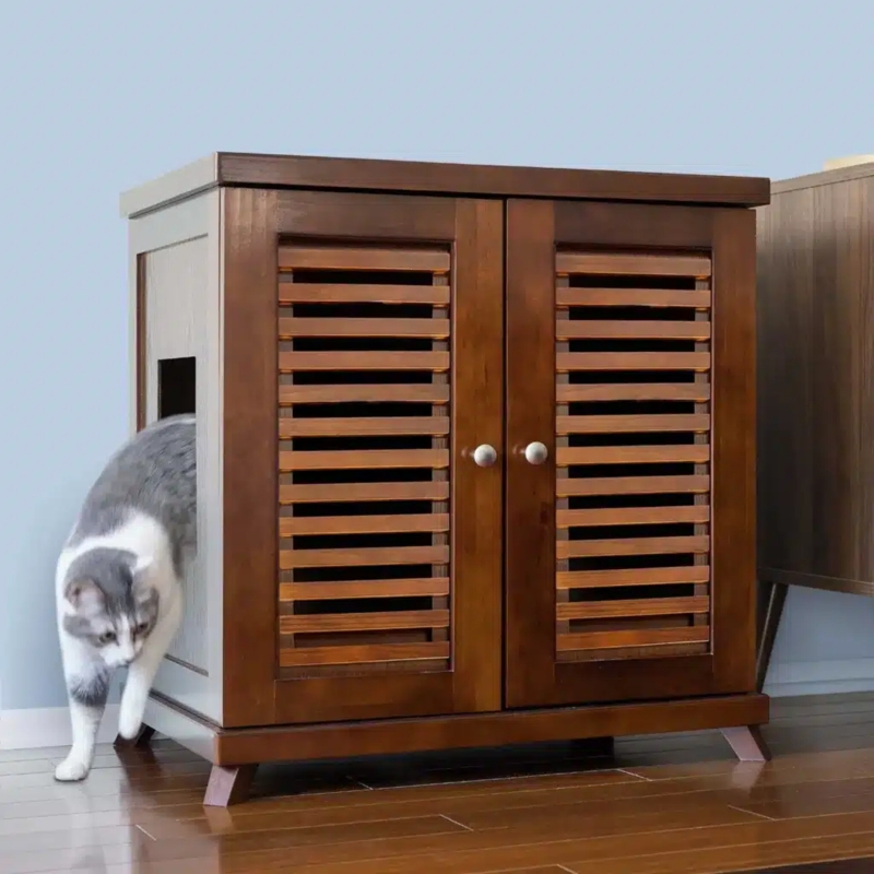 Litter Box Enclosure Louvered Doors Mahogany Tapered Legs Mid-Century