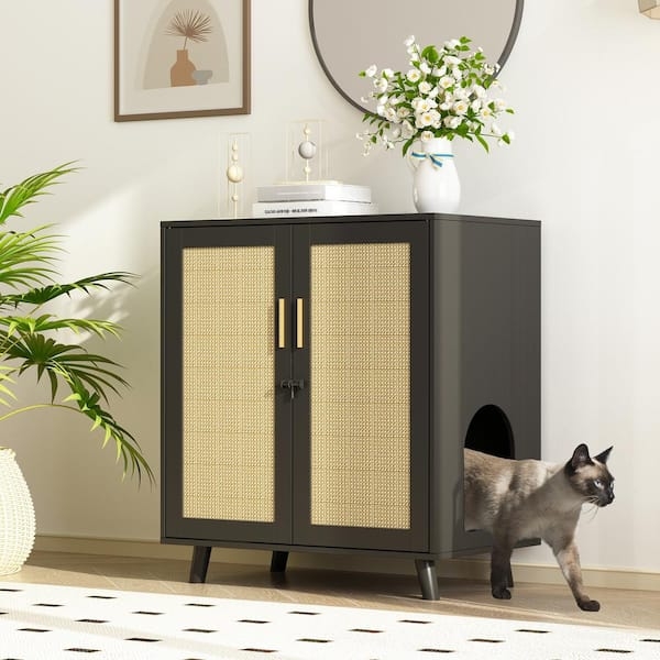Litter Box Enclosure Matte Black Sisal Doors Gold Hardware Hidden Furniture